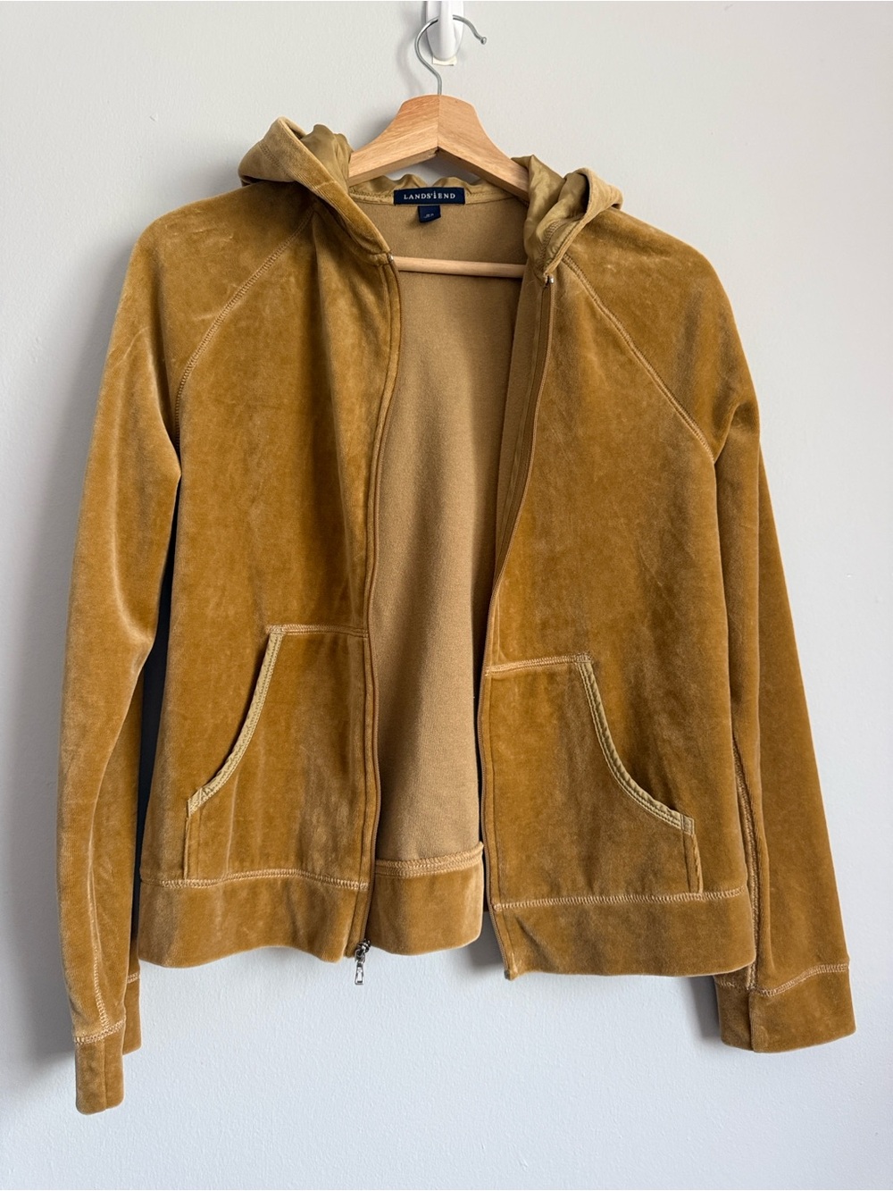 Lands' End Gold Velour Zip-Up Hoodie Jacket Size M